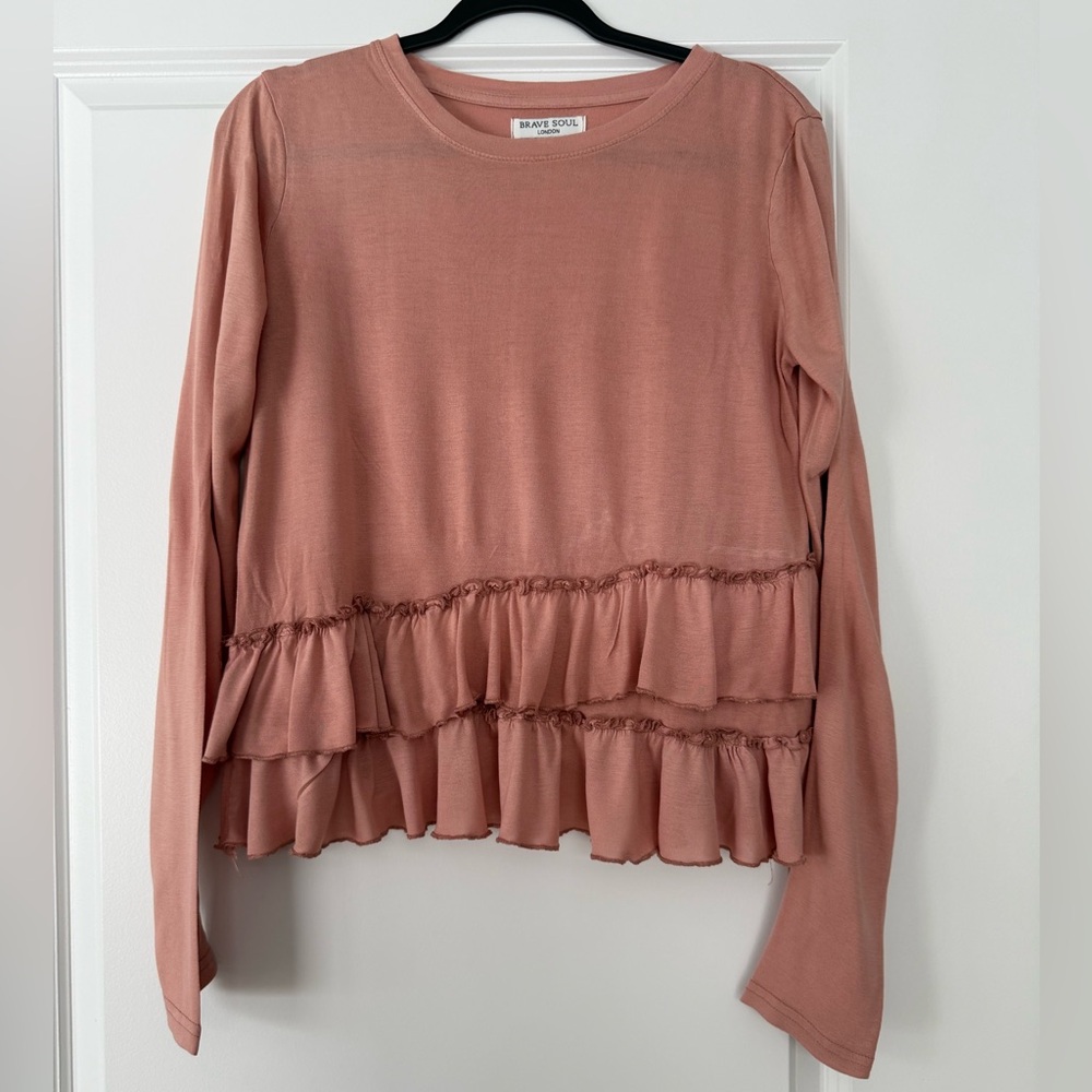 Brave Soul Dusty Pink Ruffle Long Sleeve Top